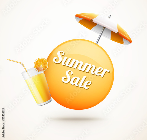 Realistic summer sale label with orange juice and umbrella