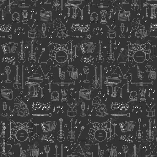 Musical instruments and symbols seamless background.