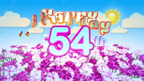 Happy 54th Birtday in a Field of Flowers while two little Butterflys circulating around the Logo. Twenty seconds seamless looping Animation. photo