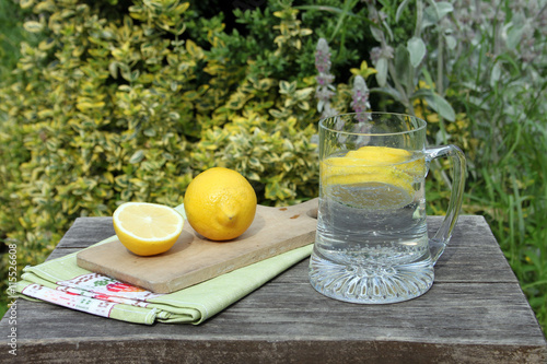 Cool lemonade and lemons on a garden table
