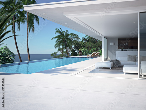 Luxury swimming pool and blue water. 3d rendering photo