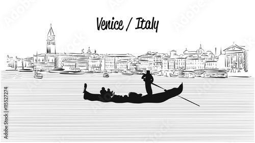 Venice skyline with Gondola, Hand drawn Vector Sketch