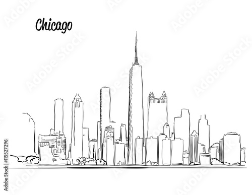 Chicago Skyline, Hand drawn Silhouette