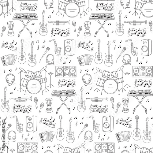 Music icons vector illustrations hand drawn doodle seamless background.  Musical instruments and symbols guitar, drum set, synthesizer, dj mixer, stereo, microphone,  accordion,saxophone, headphones.