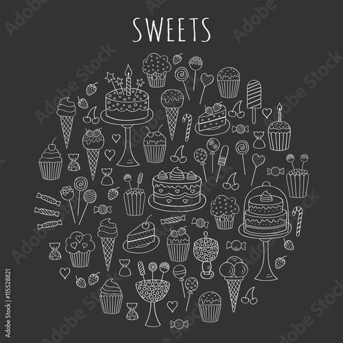 Sweets set vector icons hand drawn doodle. Dessert illustrations pastries, birthday cake, cupcake, ice cream, candy, lollipop, chocolate isolated .