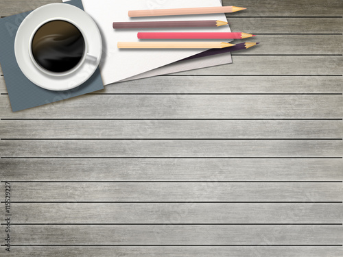 Top view. Wooden desk, cup, paper and pencils. Mock up.
