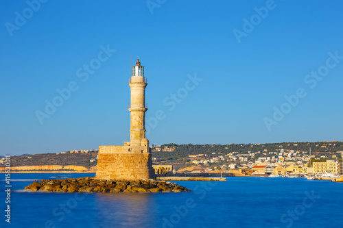 View of the old port and Lighthouse in Chania, Crete, Greece. Long exposure