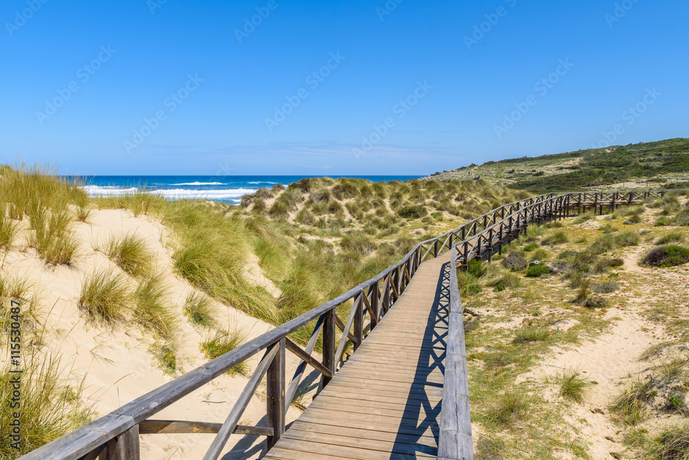 Foot bridge at Cala Mesquida - beautiful coast of island Mallorca, Spain