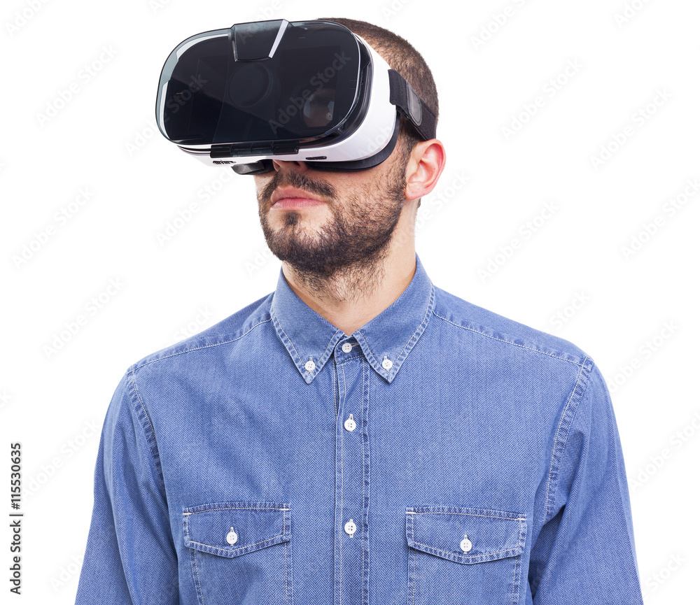 Image of a man using a VR headset - isolated on white background Image of a man using a VR headset - isolated on white background