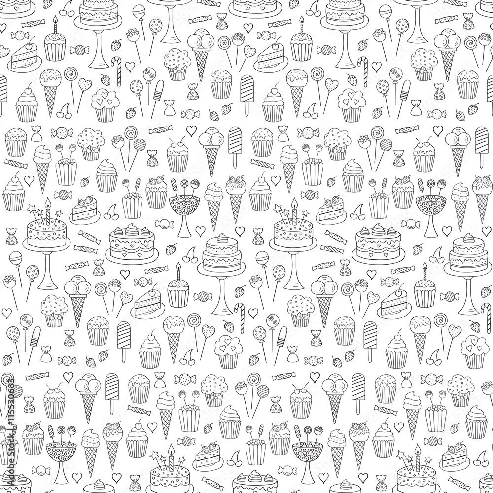 Sweets hand drawn doodle vector seamless background. Dessert illustrations pastries, birthday cake, cupcake, ice cream, candy, lollipop, chocolate.