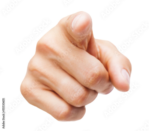 Closeup of a male hand pointing, isolated on white background photo