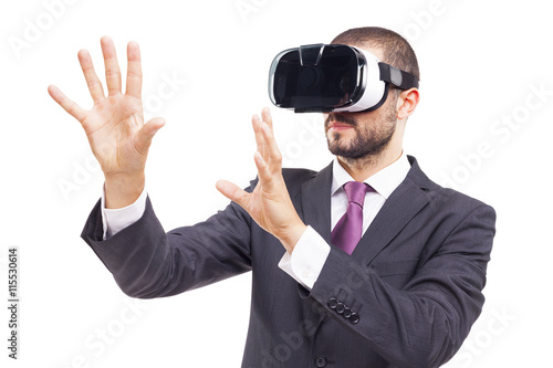 Business man using a VR headset, isolated on white background