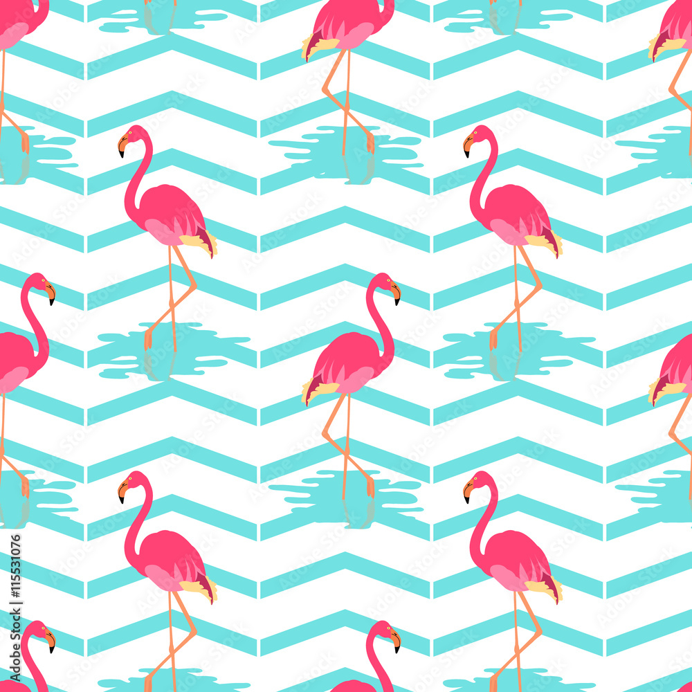 Fototapeta premium Flamingo summer seamless pattern on green striped background. Vector illustration of exotic birds. Wildlife concept.