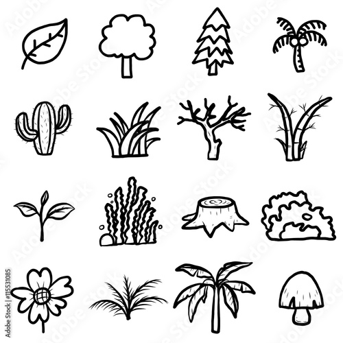 trees, plants icons set/ cartoon vector and illustration, black and white, hand drawn style, isolated on white background.