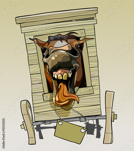 cartoon neighing horse sitting in a wooden cart
