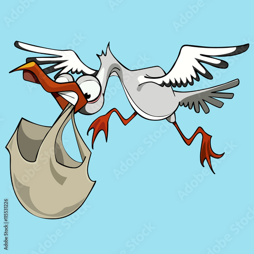 Funny cartoon bird stork carries a bag