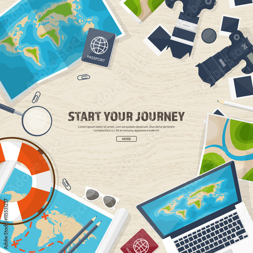 Travel and tourism. Flat style. World, earth map. Globe. Trip, tour, journey, summer holidays. Travelling,exploring worldwide. Adventure,expedition. Table, workplace. Traveler. Navigation or route