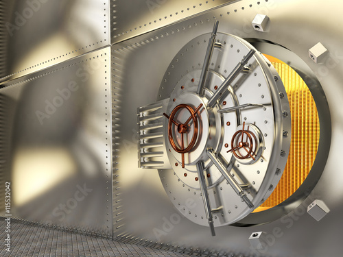 The metal door of the safe, the gold in the safe. 3D illustration