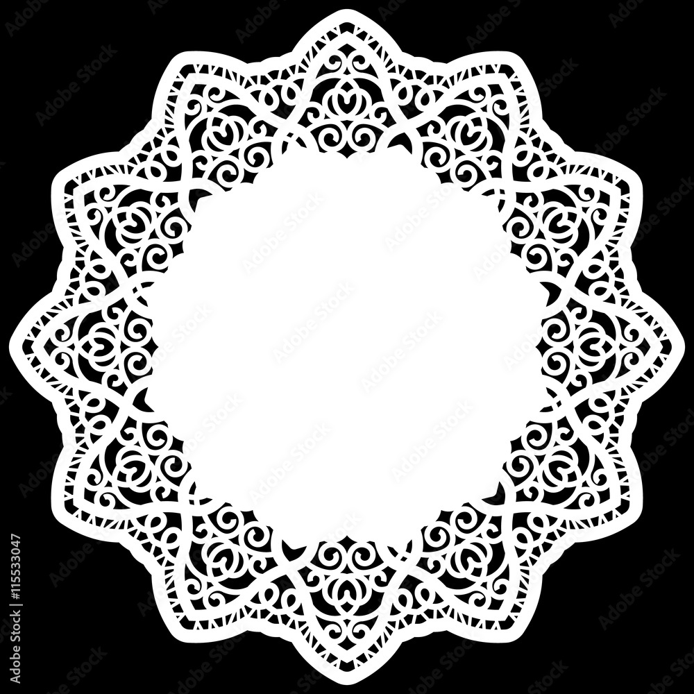 Lace round paper doily, greeting element package, doily - a template for cutting, lace pattern, decorative flower, vector illustrations