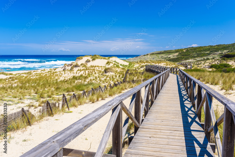 Foot bridge at Cala Mesquida - beautiful coast of island Mallorca, Spain