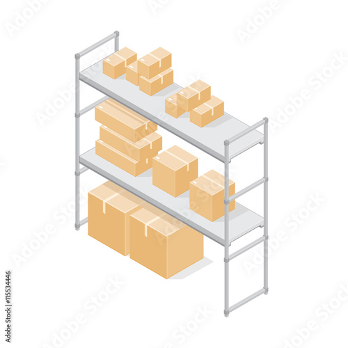 Isometric vector illustration of Warehouse Storage shelves with cardboard boxes.
Storage boxes on metal shelving.
