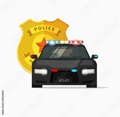 Police car vector illustration, high performance cop auto, urban police cruiser patrols, security emergency automobile icon with flashing lights, modern poster concept, sticker isolated on white