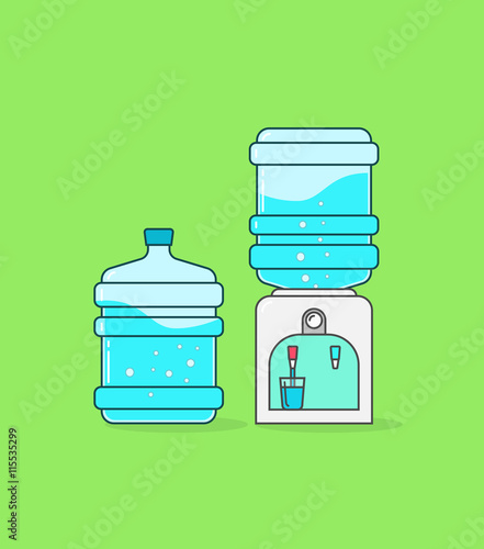 Water cooler dispenser vector illustration, outline linear color full concept, flat icon shape, bottle of water with waves and bubbles, hot water flowing in glass cup, modern design pictogram isolated