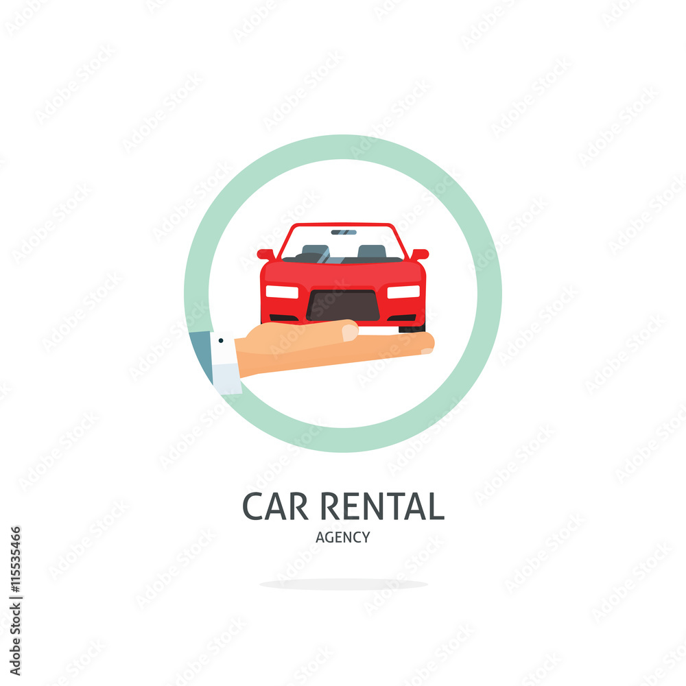 Rent a car agency vector logo template, hand holding auto symbol, icon flat ribbon, rental badge sticker, automobile dealer sale label concept, modern illustration design, sign isolated on white tag Rent a car agency vector logo template, hand holding auto symbol, icon flat ribbon, rental badge sticker, automobile dealer sale label concept, modern illustration design, sign isolated on white tag