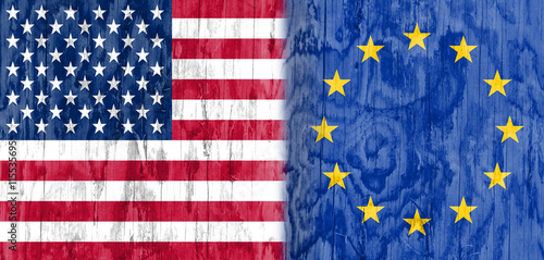 Image relative to politic relationships between United States and European Union. National flags textured by wood.