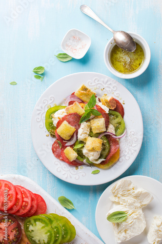 Salad with colorful tomatoes, cheese and bread (panzanella salad