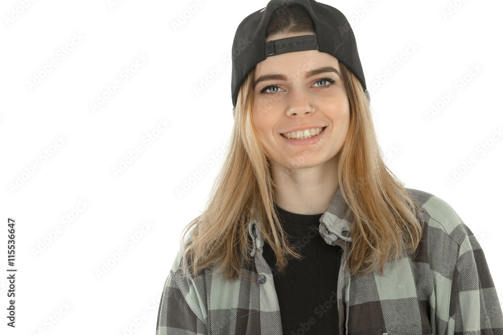cheerful blonde girl in cap smiling cheerful blonde girl in cap smiling