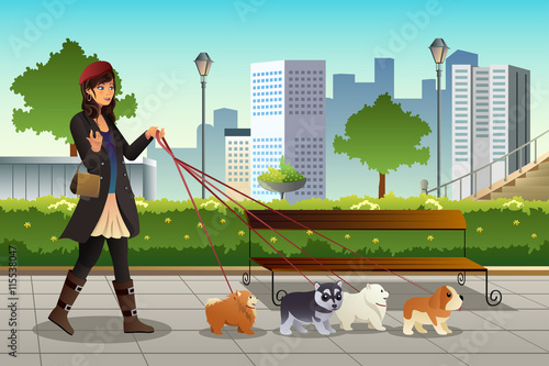 Woman Walking with Her Dogs