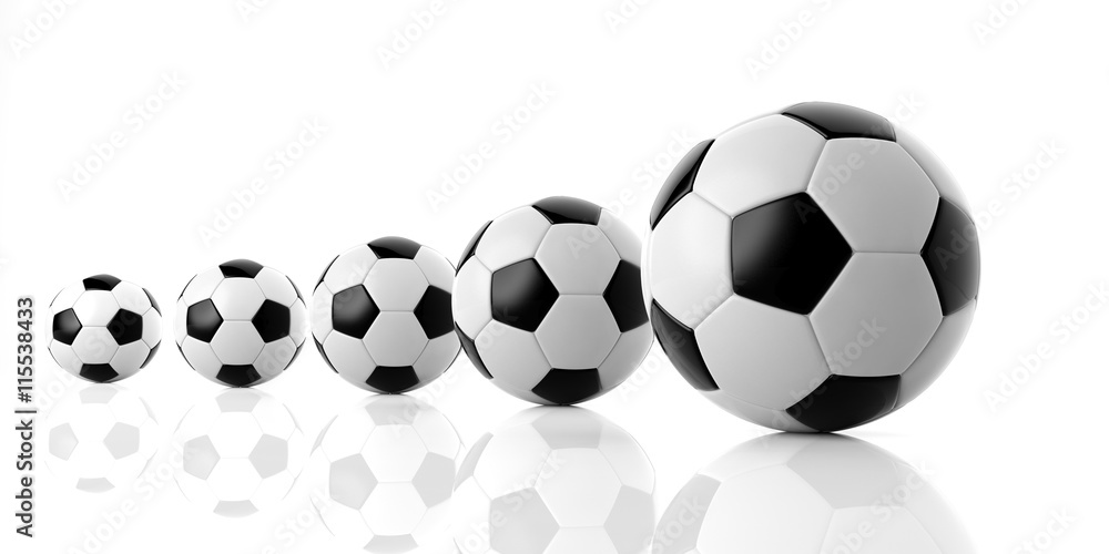 Soccer football balls of various sizes. 3d illustration Soccer football balls of various sizes. 3d illustration