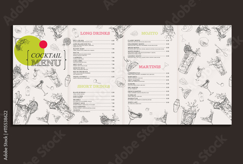 Vector cocktail menu design. Template with hand-drawn graphic. Flyer, brochure