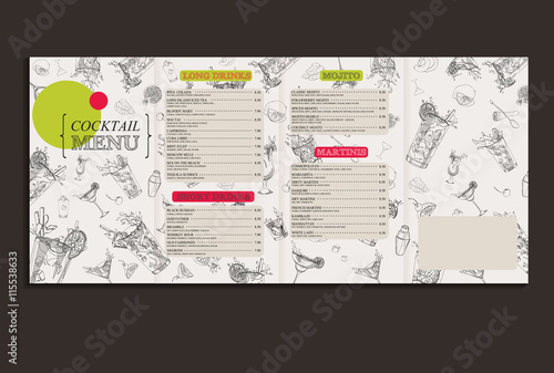 Vector cocktail menu design. Template with hand-drawn graphic. Flyer, brochure