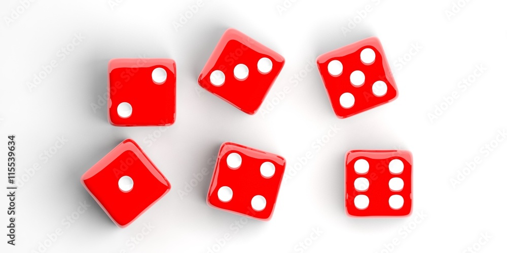 Six dice on white background. 3d illustration Six dice on white background. 3d illustration