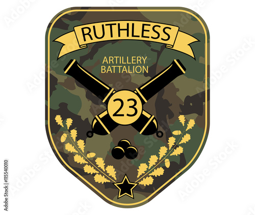 Artillery military emblem patch with cannons, ribbon and oak branch. Army chevron logo on comouflage background.