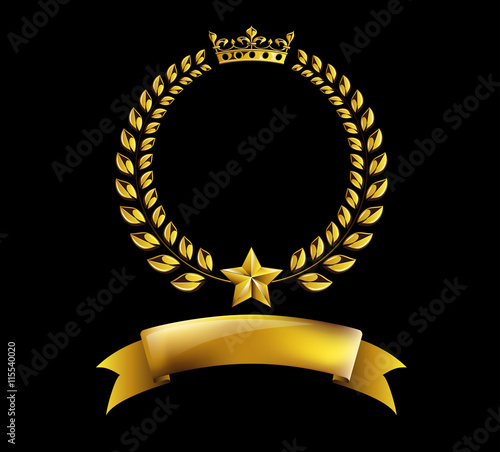 Vector round golden laurel wreath award frame isolated on black background. Heraldic or coat of arms element with crown, star and ribbon. Victory, honor achievement, quality product, anniversary.