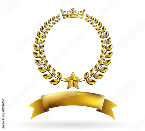 Vector round golden laurel wreath award frame isolated on white background. Heraldic or coat of arms element with crown, star and ribbon. Victory, honor achievement, quality product, anniversary.