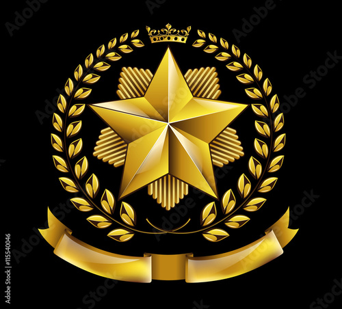Vector golden laurel wreath honor star award isolated on black background. Medal with crown, star and ribbon. Victory achievement, quality product.