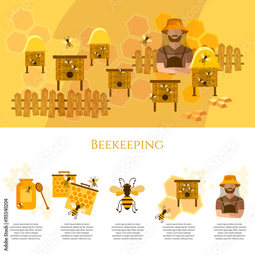 Honey and beekeeping infographics beekeeper on apiary vector