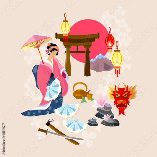 Japanese geisha tradition and culture japanese vector illustrati