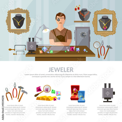 Jewelry infographics earrings rings gems jeweler at work