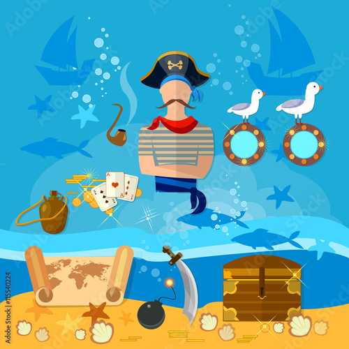 Pirate cartoon old map pirate treasure