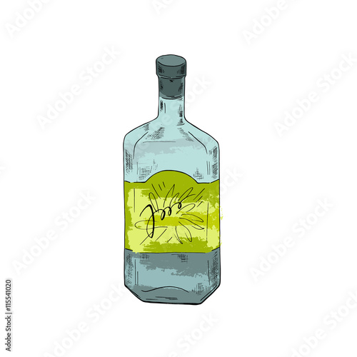 Bottle of strong drink tequila or vodka on white background. Cartoon sketch drawn by ink. Hand drawn vector illustration.