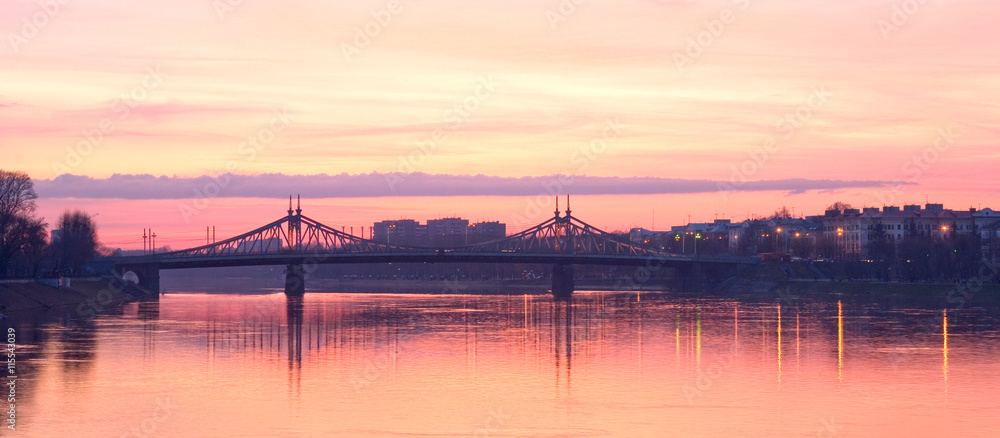 Tver. Russia. Bridge across Volga River at night in Tver Town