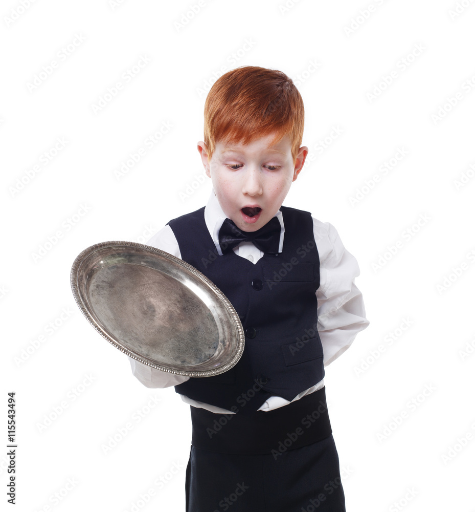 Clumsy little waiter drops tray serving something Clumsy little waiter drops tray serving something