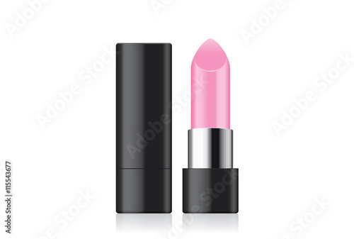 Pink lipstick and black case closed and opened isolated on white background