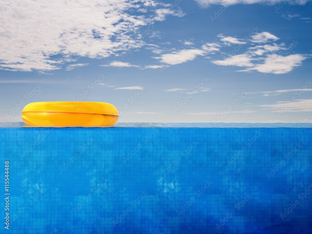 pool side view with yellow swim ring on blue sky background pool side view with yellow swim ring on blue sky background