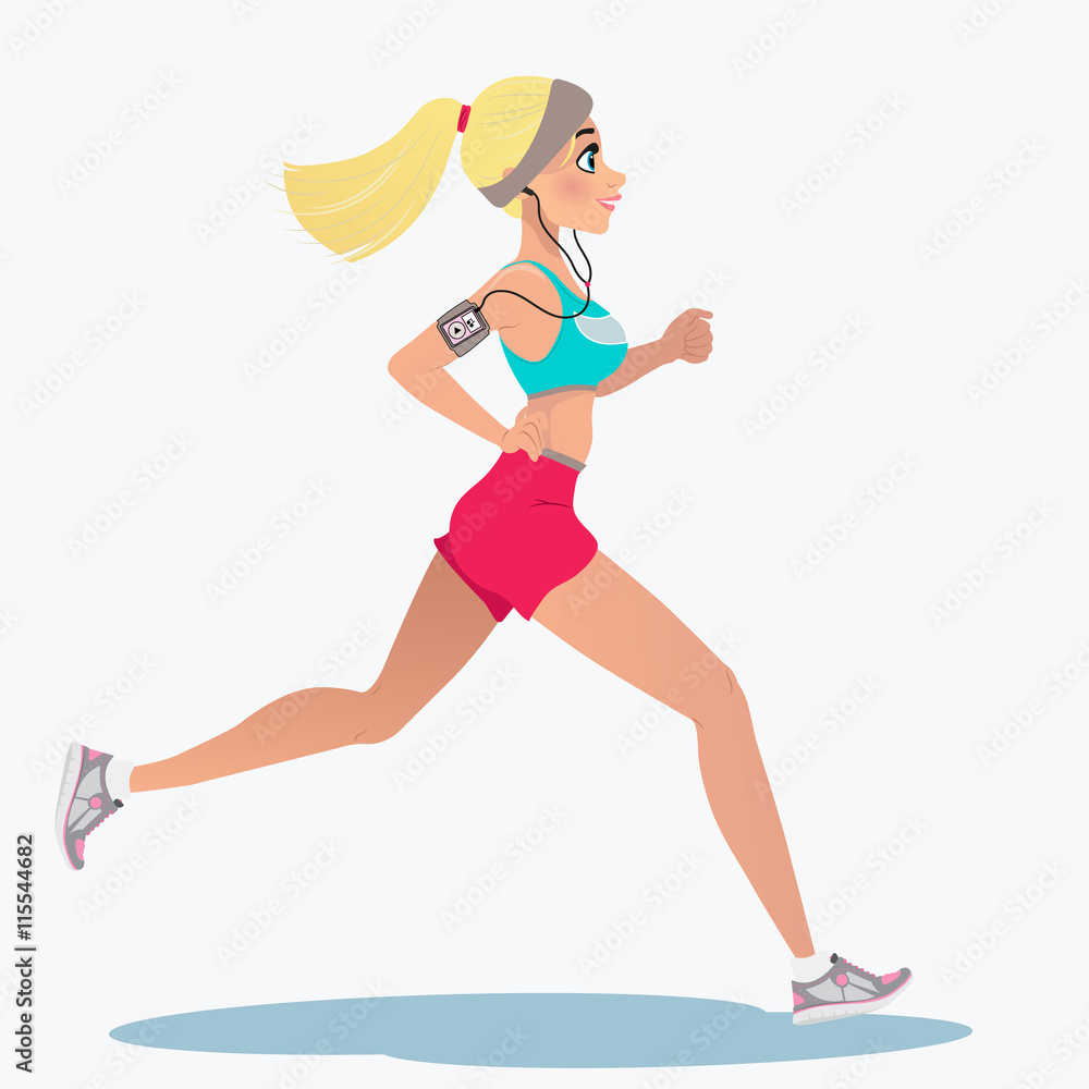 Fitness running girl with mp3 player. A cute running girl in cartoon style.  Vector illustration isolated on white background. Design for motivational  poster, article about fitness. Stock Vector | Adobe Stock